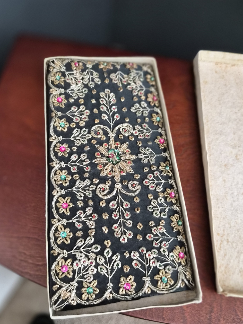 Vintage 1960's Embroidered Black Evening Cluth with Gold & Jewel Accents